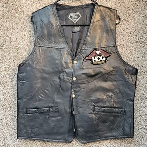 HOG Black Leather Vest Diamond Plate Harley Davidson Ace Of Spades